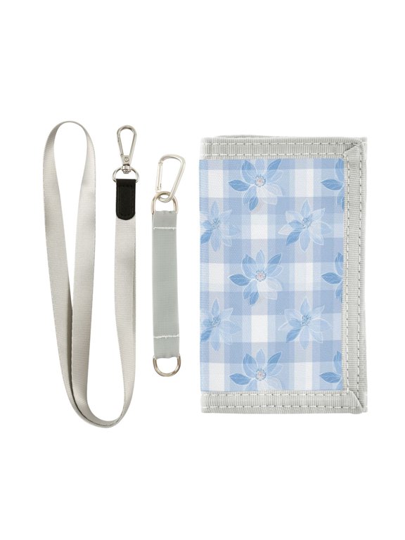 Cloth Wallet with Lanyard & Multiple Compartments Fashion Purse Zipper Clutch Bag for Cash Cards Coins Lattice with Blue Flowers