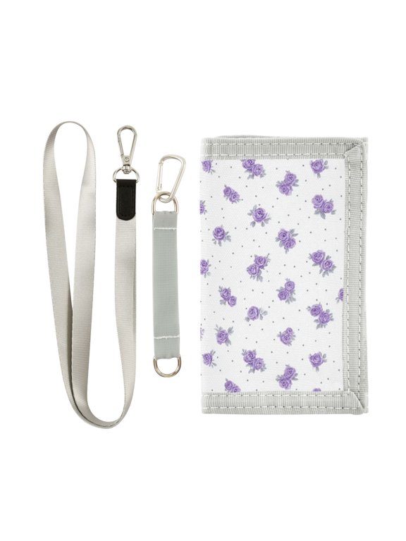 Cloth Wallet with Lanyard & Multiple Compartments Fashion Purse Zipper Clutch Bag for Cash Cards Coins Lavender Roses Pattern