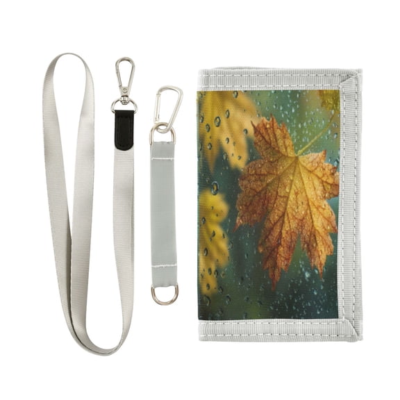 Cloth Wallet with Lanyard & Multiple Compartments Fashion Purse Zipper Clutch Bag for Cash Cards Coins Leaves with Water Droplets