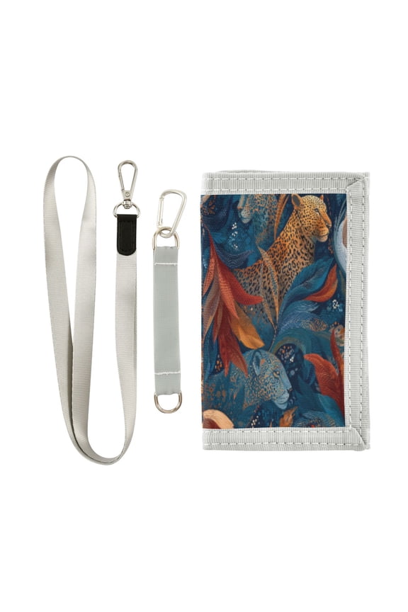 Cloth Wallet with Lanyard & Multiple Compartments Fashion Purse Zipper Clutch Bag for Cash Cards Coins Leopard and Flying Feathers