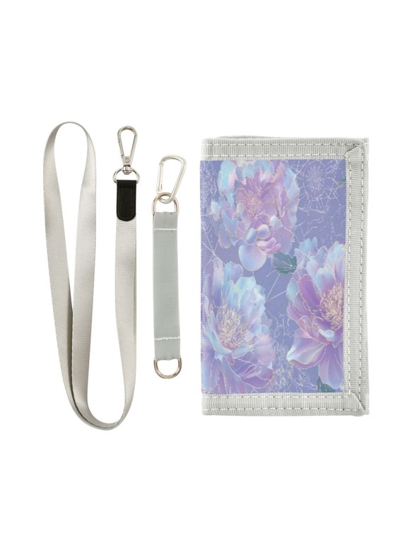 Cloth Wallet with Lanyard & Multiple Compartments Fashion Purse Zipper Clutch Bag for Cash Cards Coins Light Purple Peony
