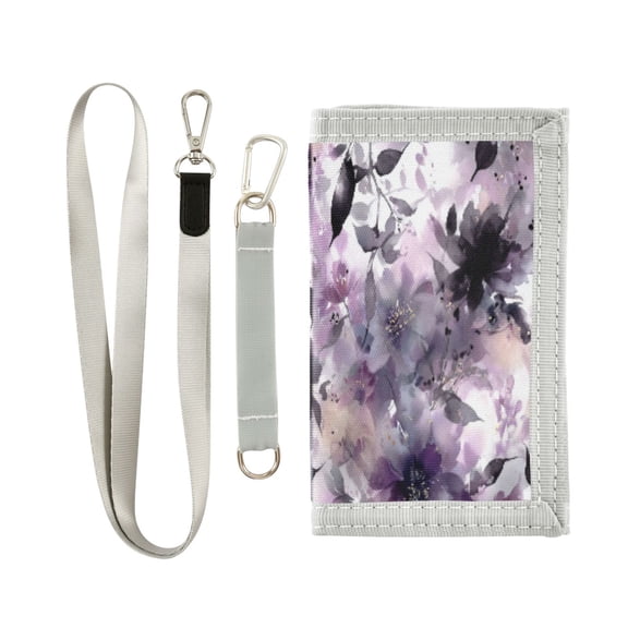 Cloth Wallet with Lanyard & Multiple Compartments Fashion Purse Zipper Clutch Bag for Cash Cards Coins Light Purple and Black Floral
