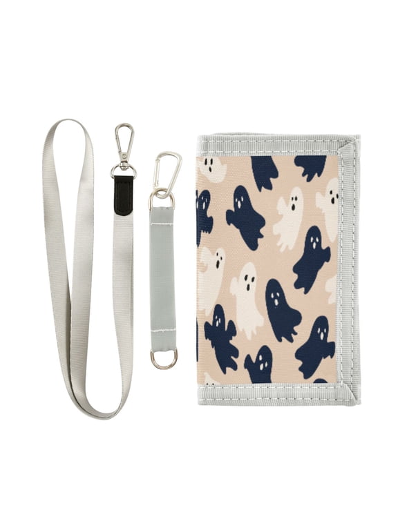 Cloth Wallet with Lanyard & Multiple Compartments Fashion Purse Zipper Clutch Bag for Cash Cards Coins Navy and Cream Ghost