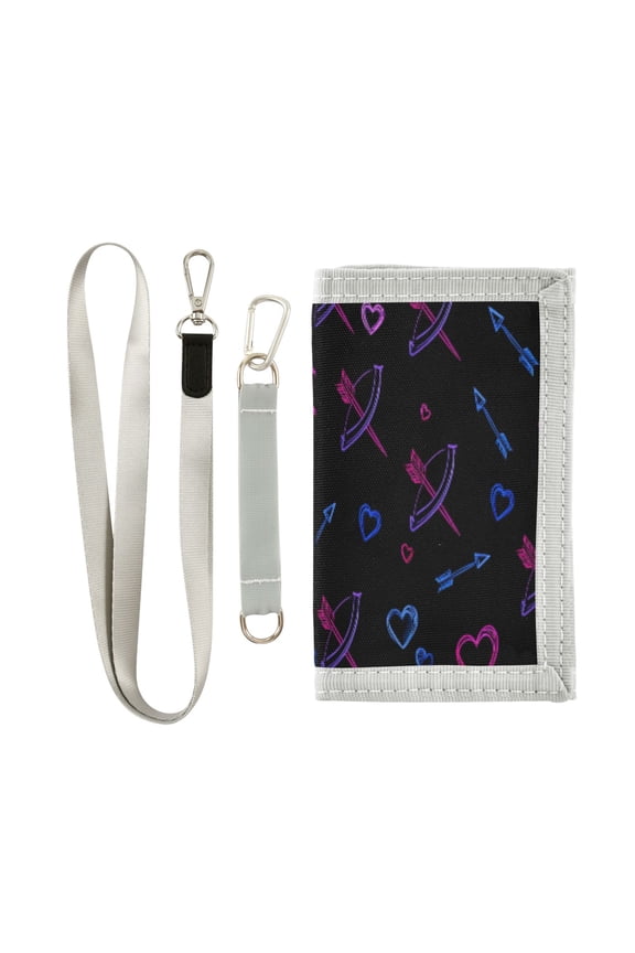 Cloth Wallet with Lanyard & Multiple Compartments Fashion Purse Zipper Clutch Bag for Cash Cards Coins Neon Hearts and Arrow