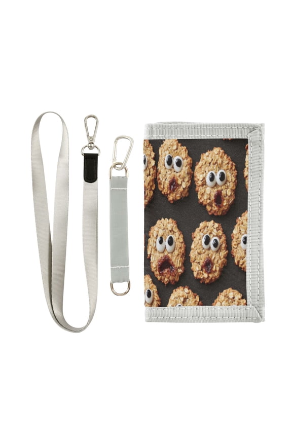 Cloth Wallet with Lanyard & Multiple Compartments Fashion Purse Zipper Clutch Bag for Cash Cards Coins Oatmeal Cookies