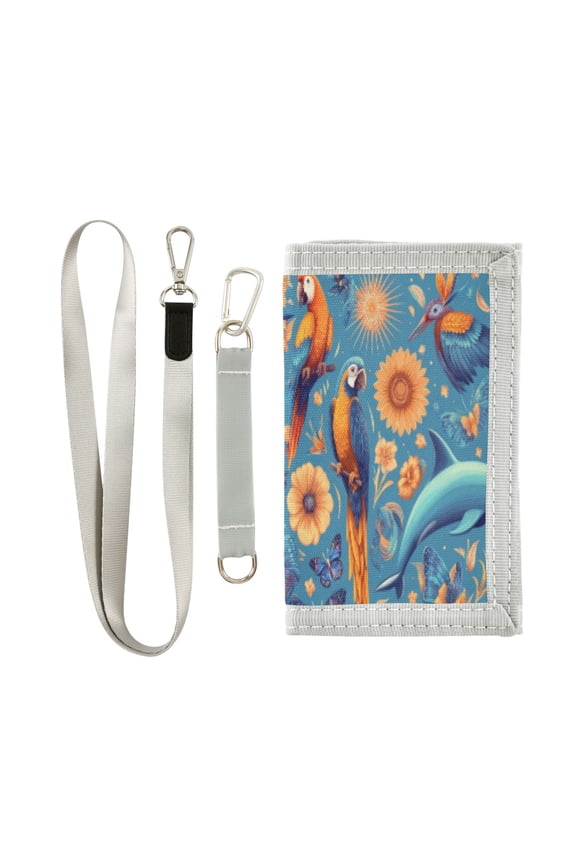 Cloth Wallet with Lanyard & Multiple Compartments Fashion Purse Zipper Clutch Bag for Cash Cards Coins Parrots and Butterflies Pattern