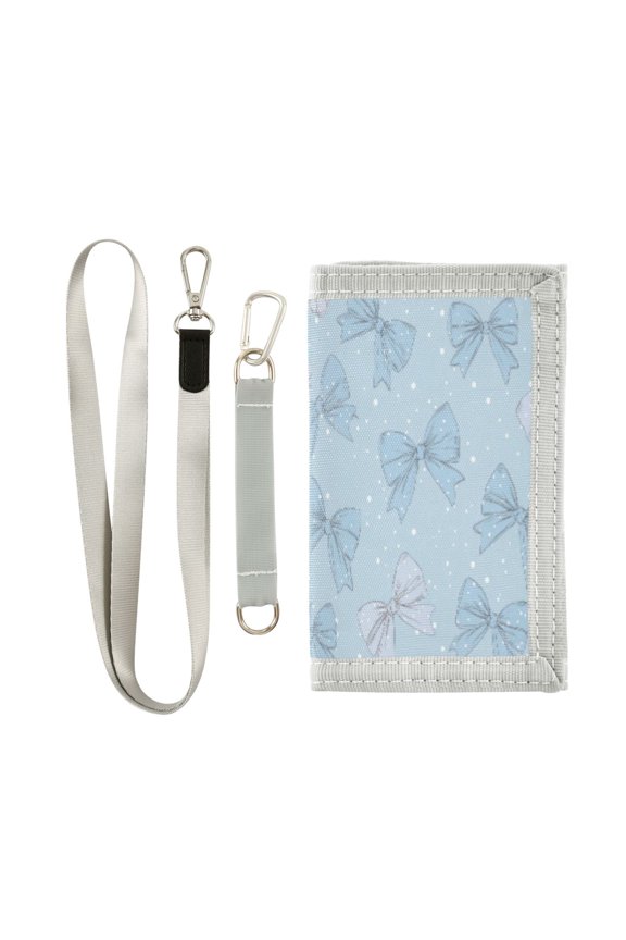 Cloth Wallet with Lanyard & Multiple Compartments Fashion Purse Zipper Clutch Bag for Cash Cards Coins Pastel Blue Bows and Dots