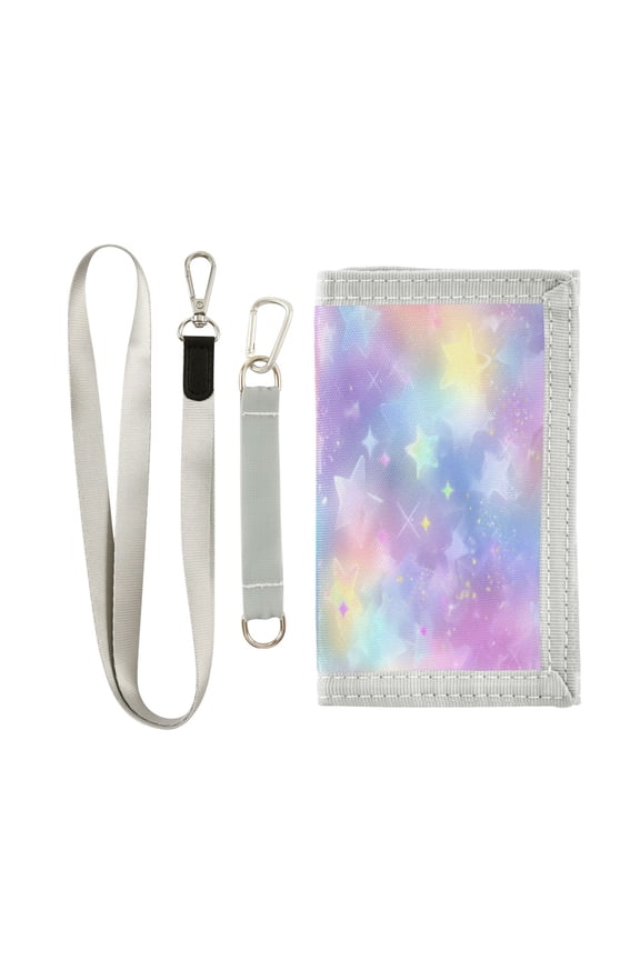 Cloth Wallet with Lanyard & Multiple Compartments Fashion Purse Zipper Clutch Bag for Cash Cards Coins Pastel Colors Stars Pattern