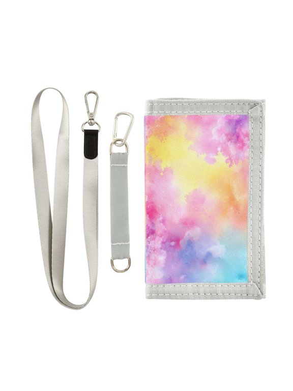 Cloth Wallet with Lanyard & Multiple Compartments Fashion Purse Zipper Clutch Bag for Cash Cards Coins Pastel Rainbow Flowers