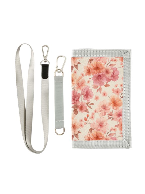 Cloth Wallet with Lanyard & Multiple Compartments Fashion Purse Zipper Clutch Bag for Cash Cards Coins Peach Floral Elements