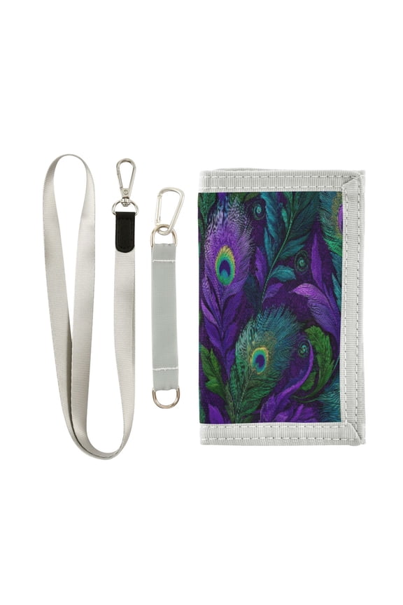 Cloth Wallet with Lanyard & Multiple Compartments Fashion Purse Zipper Clutch Bag for Cash Cards Coins Peacock Feathers Pattern
