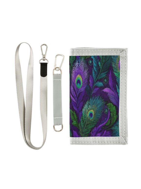 Cloth Wallet with Lanyard & Multiple Compartments Fashion Purse Zipper Clutch Bag for Cash Cards Coins Peacock Feathers Pattern