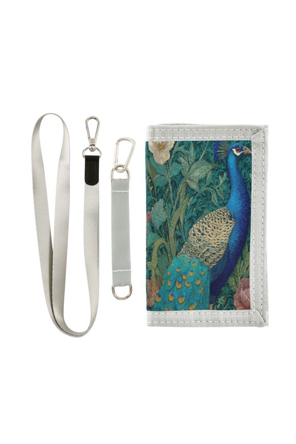 Cloth Wallet with Lanyard & Multiple Compartments Fashion Purse Zipper Clutch Bag for Cash Cards Coins Peacock Illustration