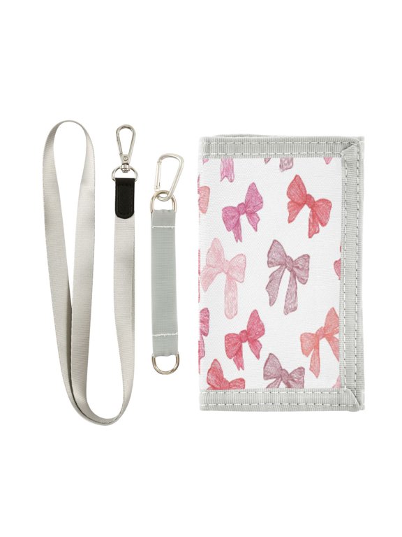 Cloth Wallet with Lanyard & Multiple Compartments Fashion Purse Zipper Clutch Bag for Cash Cards Coins Pink Bows Pattern