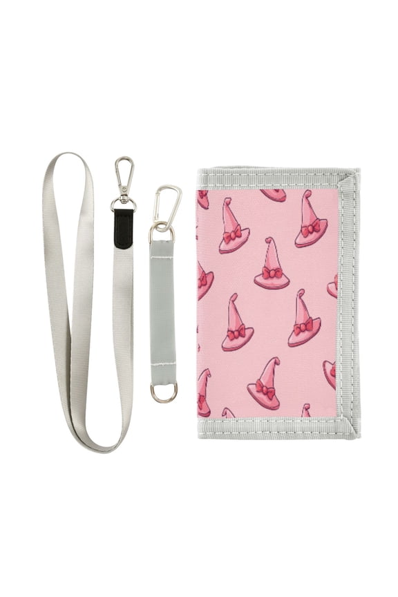 Cloth Wallet with Lanyard & Multiple Compartments Fashion Purse Zipper Clutch Bag for Cash Cards Coins Pink Cartoon Witch Hats