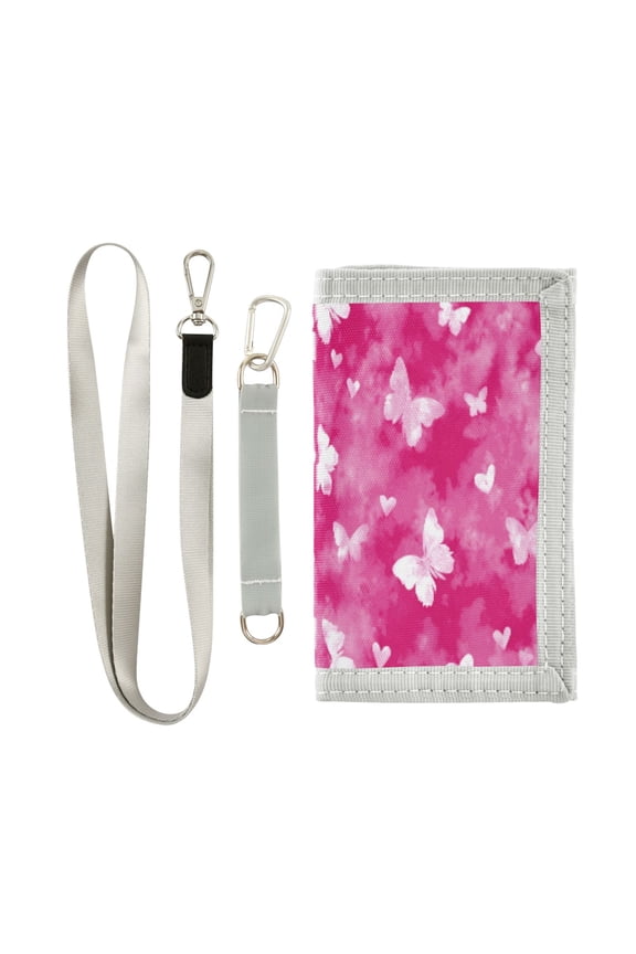 Cloth Wallet with Lanyard & Multiple Compartments Fashion Purse Zipper Clutch Bag for Cash Cards Coins Pink Tie-dye with Butterflies