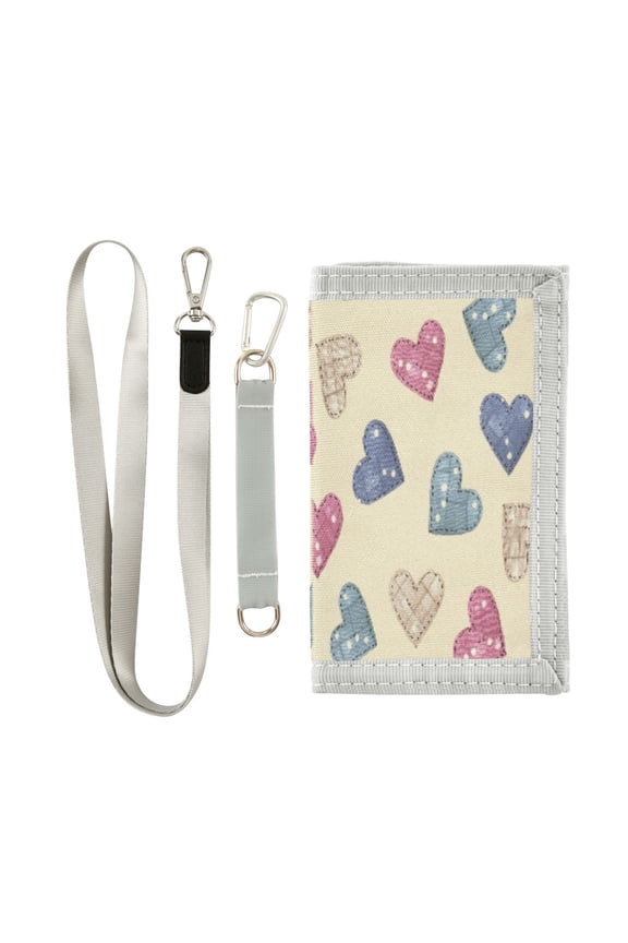 Cloth Wallet with Lanyard & Multiple Compartments Fashion Purse Zipper Clutch Bag for Cash Cards Coins Pink and Blue Heart Pattern