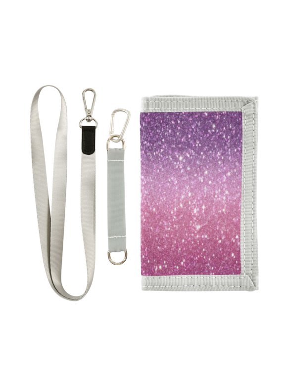 Cloth Wallet with Lanyard & Multiple Compartments Fashion Purse Zipper Clutch Bag for Cash Cards Coins Pink and Purple Glitter Pattern