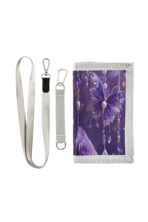 Cloth Wallet with Lanyard & Multiple Compartments Fashion Purse Zipper Clutch Bag for Cash Cards Coins Purple Butterfly Pattern