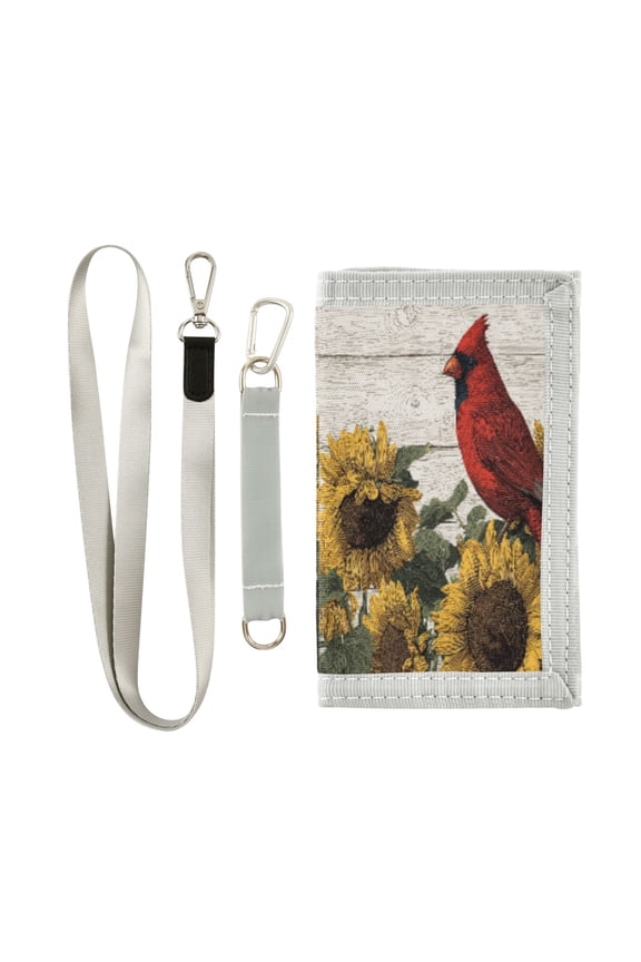 Cloth Wallet with Lanyard & Multiple Compartments Fashion Purse Zipper Clutch Bag for Cash Cards Coins Red Bird Sitting on Sunflower