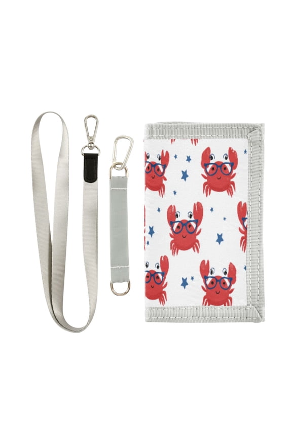 Cloth Wallet with Lanyard & Multiple Compartments Fashion Purse Zipper Clutch Bag for Cash Cards Coins Red Crabs Pattern