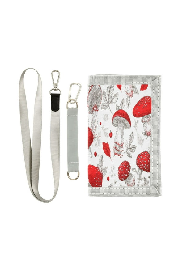 Cloth Wallet with Lanyard & Multiple Compartments Fashion Purse Zipper Clutch Bag for Cash Cards Coins Red Mushrooms Pattern