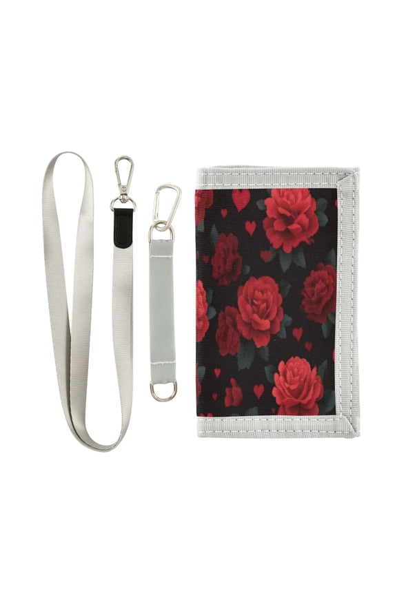 Cloth Wallet with Lanyard & Multiple Compartments Fashion Purse Zipper Clutch Bag for Cash Cards Coins Red Roses and Hearts Pattern