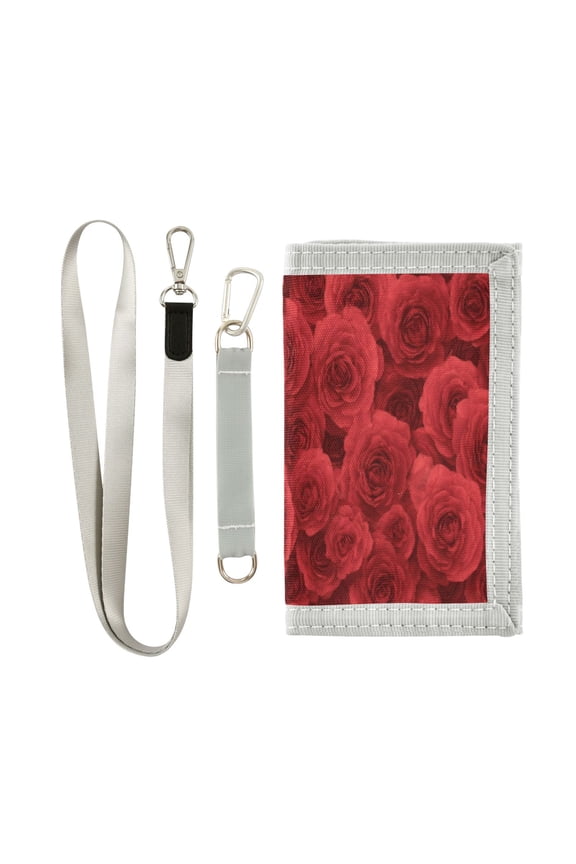 Cloth Wallet with Lanyard & Multiple Compartments Fashion Purse Zipper Clutch Bag for Cash Cards Coins Romantic Red Roses in Rows