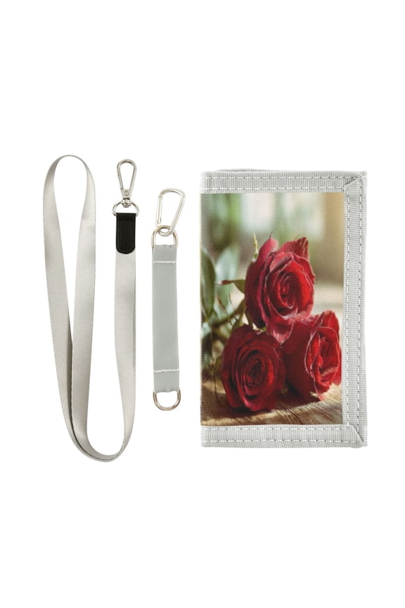 Cloth Wallet with Lanyard & Multiple Compartments Fashion Purse Zipper Clutch Bag for Cash Cards Coins Roses on Wooden Table