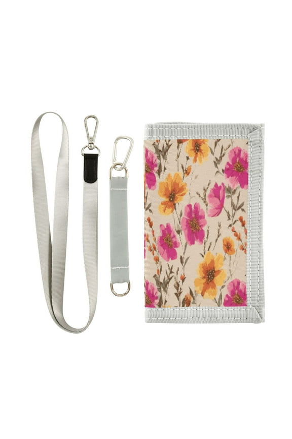 Cloth Wallet with Lanyard & Multiple Compartments Fashion Purse Zipper Clutch Bag for Cash Cards Coins Rustic and Romantic Wildflowers