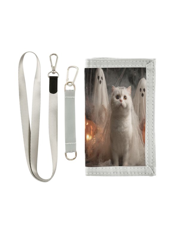 Cloth Wallet with Lanyard & Multiple Compartments Fashion Purse Zipper Clutch Bag for Cash Cards Coins Shorthair Cat and White Gauze
