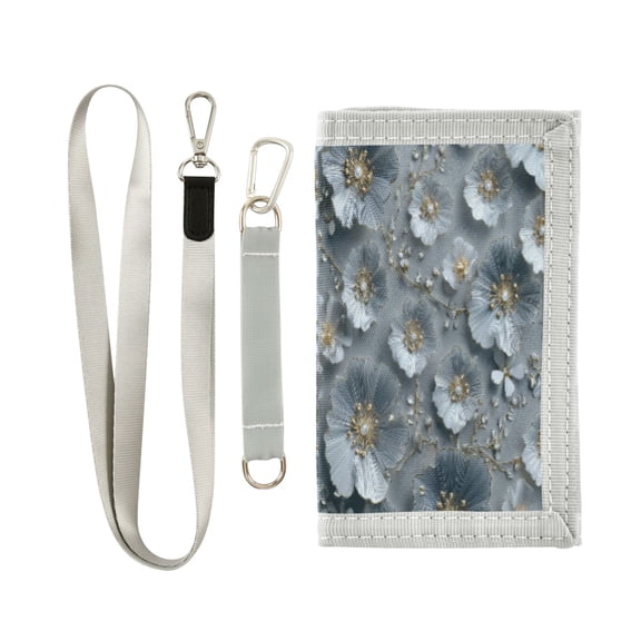 Cloth Wallet with Lanyard & Multiple Compartments Fashion Purse Zipper Clutch Bag for Cash Cards Coins Silver Flowers Pattern