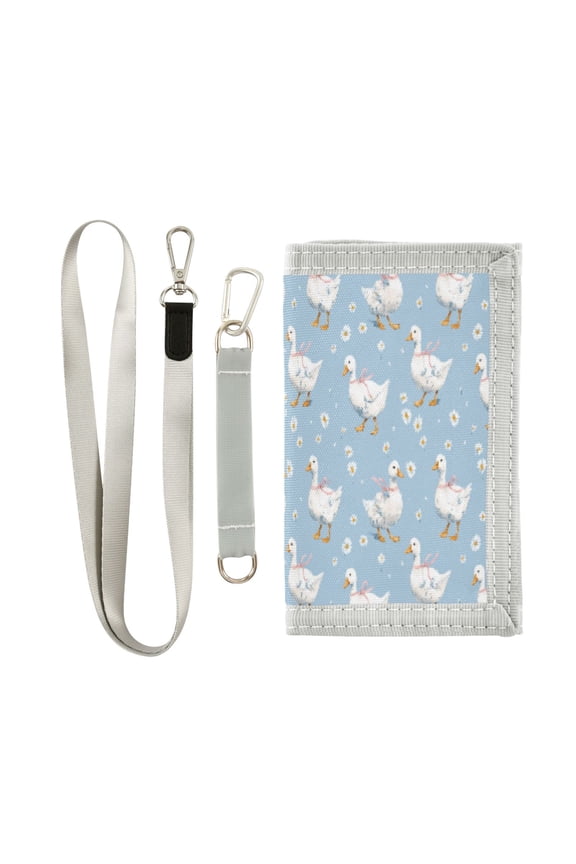 Cloth Wallet with Lanyard & Multiple Compartments Fashion Purse Zipper Clutch Bag for Cash Cards Coins Small Geese and Daisies