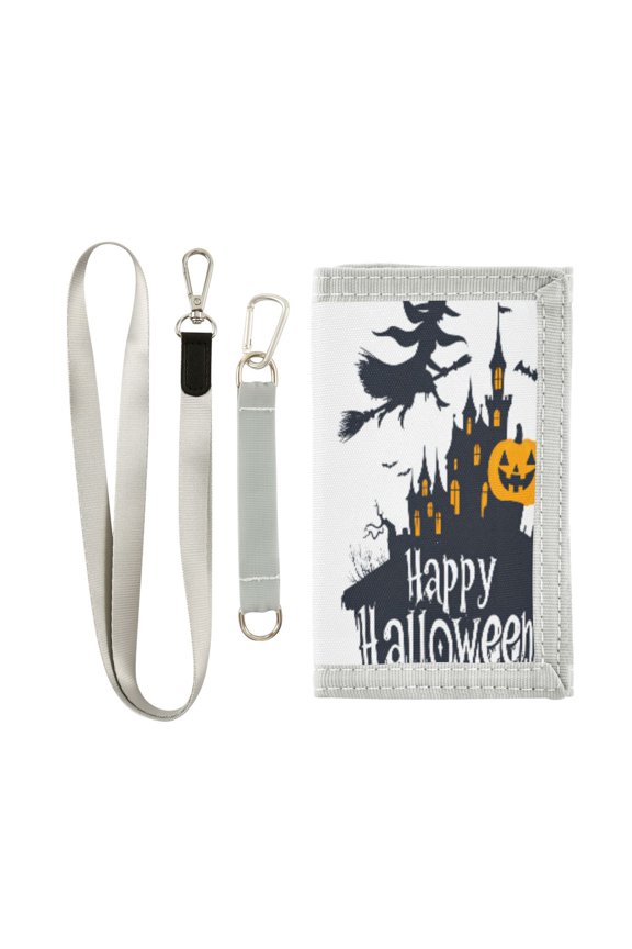 Cloth Wallet with Lanyard & Multiple Compartments Fashion Purse Zipper Clutch Bag for Cash Cards Coins Spooky Halloween