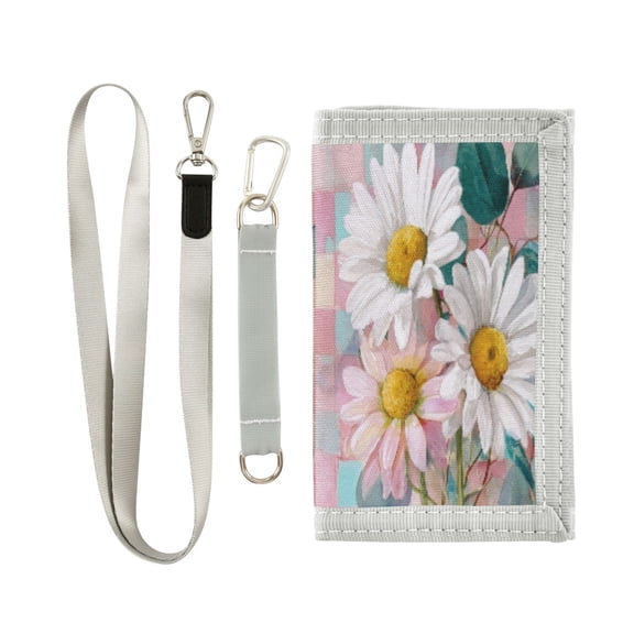 Cloth Wallet with Lanyard & Multiple Compartments Fashion Purse Zipper Clutch Bag for Cash Cards Coins Three Large White Daisies