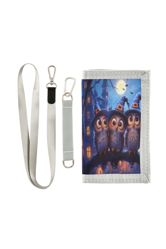 Cloth Wallet with Lanyard & Multiple Compartments Fashion Purse Zipper Clutch Bag for Cash Cards Coins Three Owls Wearing Witch Hats