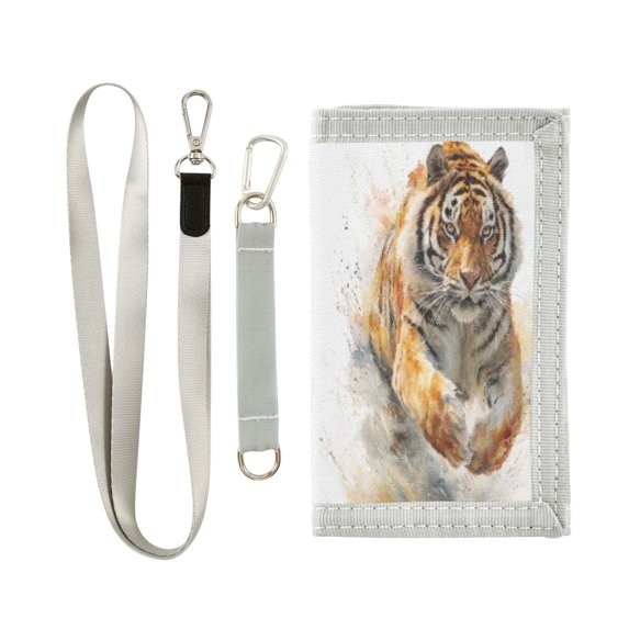 Cloth Wallet with Lanyard & Multiple Compartments Fashion Purse Zipper Clutch Bag for Cash Cards Coins Tiger in Action