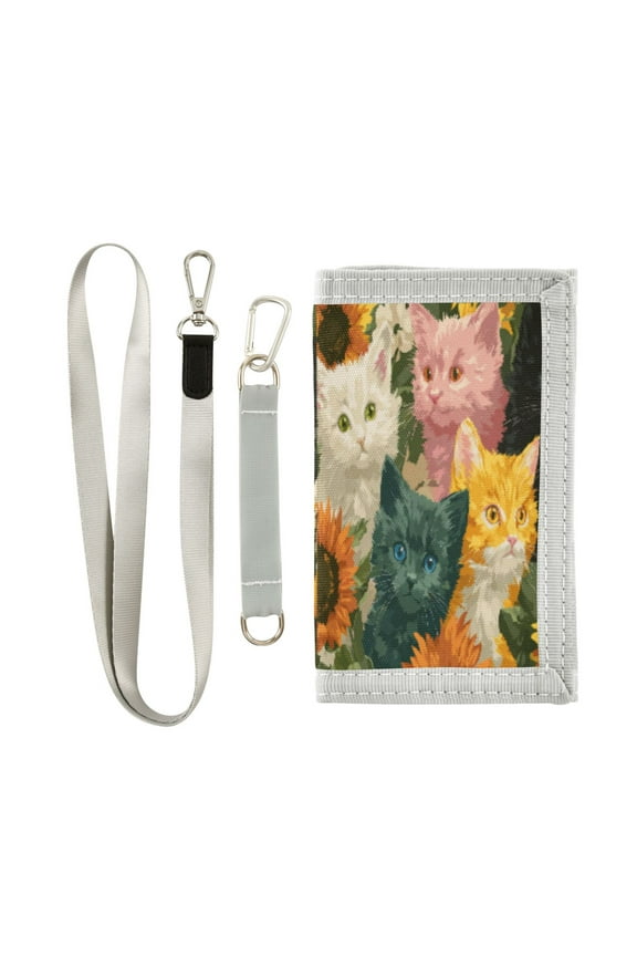 Cloth Wallet with Lanyard & Multiple Compartments Fashion Purse Zipper Clutch Bag for Cash Cards Coins Various Colors Cat