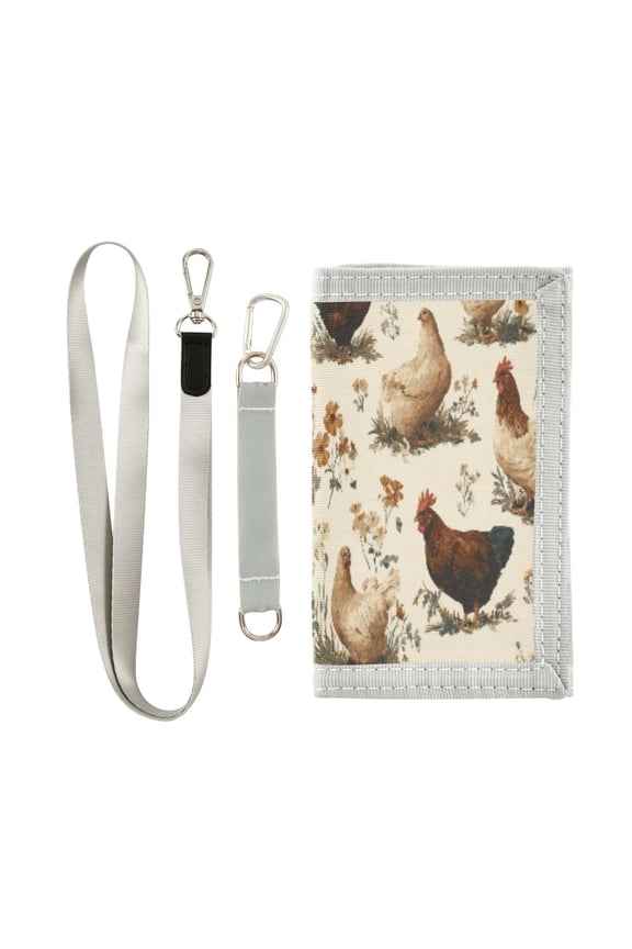 Cloth Wallet with Lanyard & Multiple Compartments Fashion Purse Zipper Clutch Bag for Cash Cards Coins Various Poses Chickens Pattern