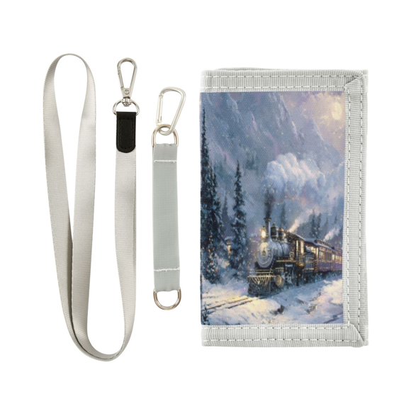 Cloth Wallet with Lanyard & Multiple Compartments Fashion Purse Zipper Clutch Bag for Cash Cards Coins Vintage-style Christmas Train