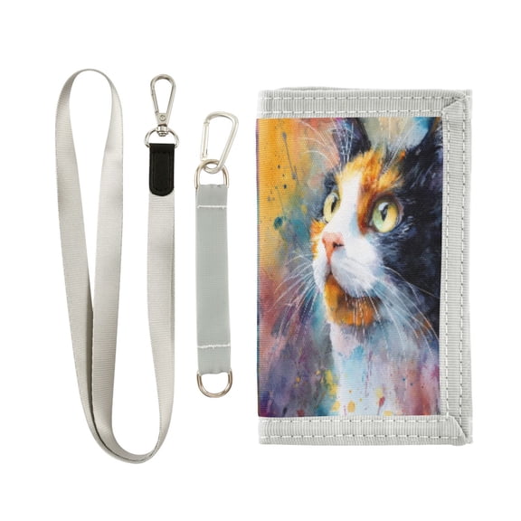 Cloth Wallet with Lanyard & Multiple Compartments Fashion Purse Zipper Clutch Bag for Cash Cards Coins Watercolor Calico Cat