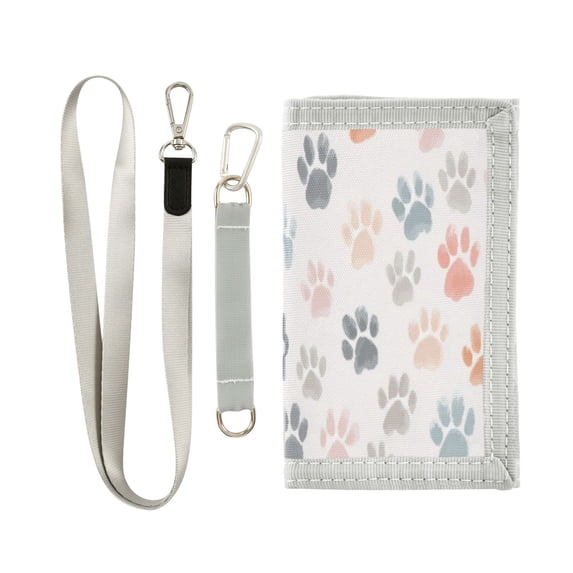 Cloth Wallet with Lanyard & Multiple Compartments Fashion Purse Zipper Clutch Bag for Cash Cards Coins Watercolor Dog Paw Prints