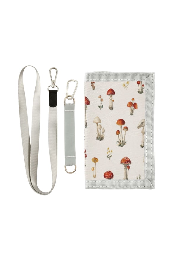 Cloth Wallet with Lanyard & Multiple Compartments Fashion Purse Zipper Clutch Bag for Cash Cards Coins Watercolor Mushrooms Pattern