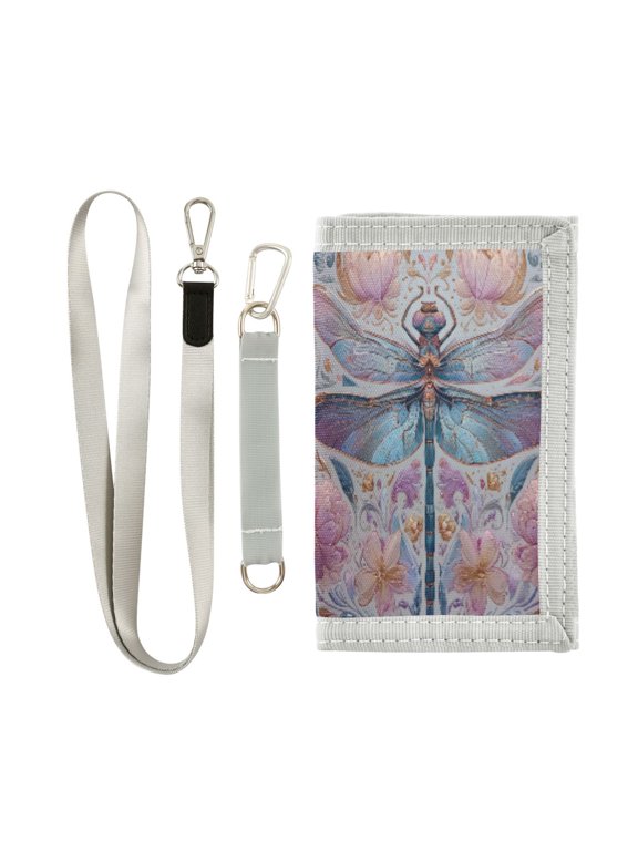 Cloth Wallet with Lanyard & Multiple Compartments Fashion Purse Zipper Clutch Bag for Cash Cards Coins Watercolor Ornate Dragonfly