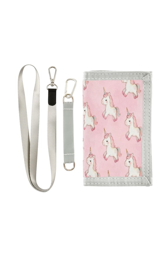 Cloth Wallet with Lanyard & Multiple Compartments Fashion Purse Zipper Clutch Bag for Cash Cards Coins Watercolor Pink Unicorn