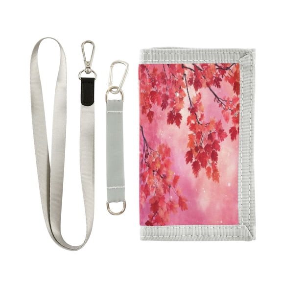 Cloth Wallet with Lanyard & Multiple Compartments Fashion Purse Zipper Clutch Bag for Cash Cards Coins Watercolor Red Maple Leaves
