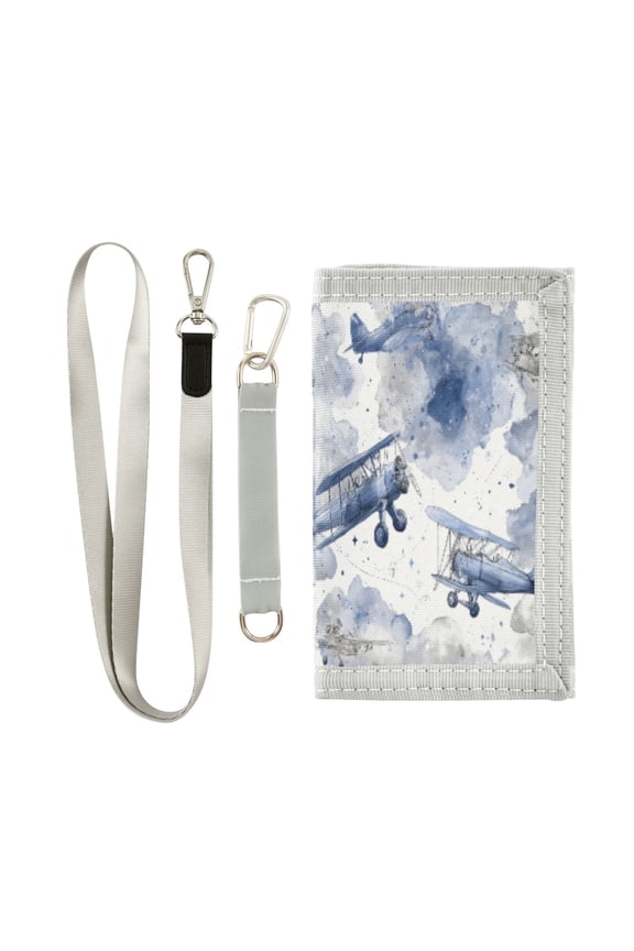 Cloth Wallet with Lanyard & Multiple Compartments Fashion Purse Zipper Clutch Bag for Cash Cards Coins Watercolor Vintage Planes