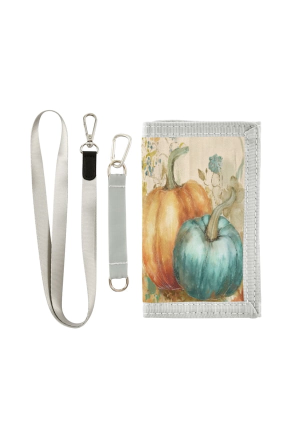 Cloth Wallet with Lanyard & Multiple Compartments Fashion Purse Zipper Clutch Bag for Cash Cards Coins Whimsical Watercolor Pumpkins