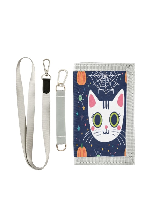 Cloth Wallet with Lanyard & Multiple Compartments Fashion Purse Zipper Clutch Bag for Cash Cards Coins White Cute Cat Head