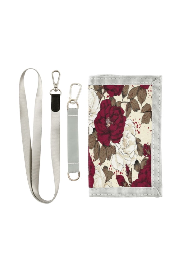 Cloth Wallet with Lanyard & Multiple Compartments Fashion Purse Zipper Clutch Bag for Cash Cards Coins White and Crimson Roses Pattern